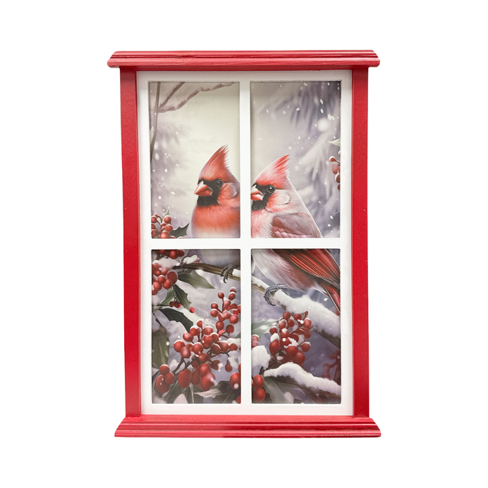 LED Wood Framed Window with Cardinals on Canvas Wall Art