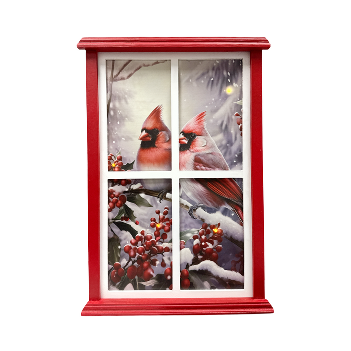 LED Wood Framed Window with Cardinals on Canvas Wall Art