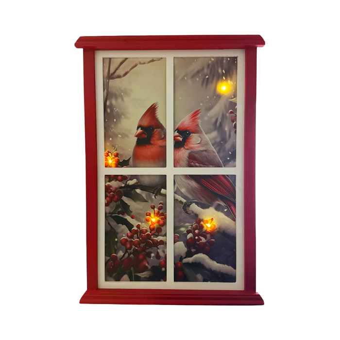 LED Wood Framed Window with Cardinals on Canvas Wall Art