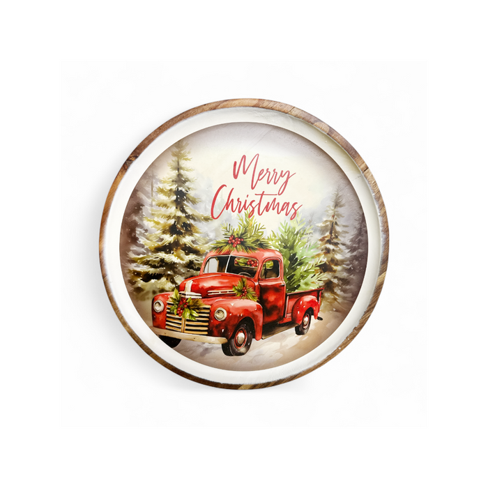 12" Round Acacia Wood Red Truck XMAS Wall Art