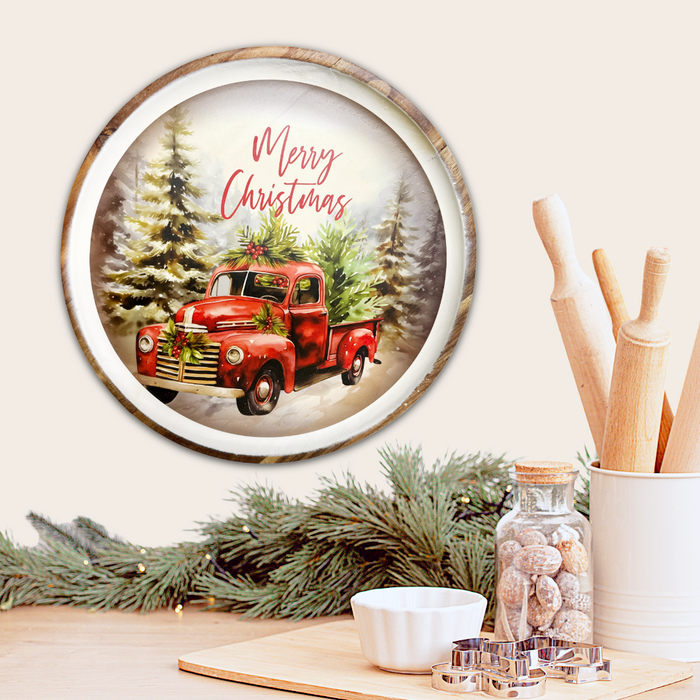 12" Round Acacia Wood Red Truck XMAS Wall Art