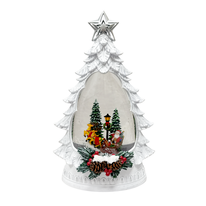 LED Water/Glitter Spinning White Tree with Santa and Timer