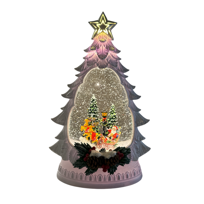 LED Water/Glitter Spinning White Tree with Santa and Timer