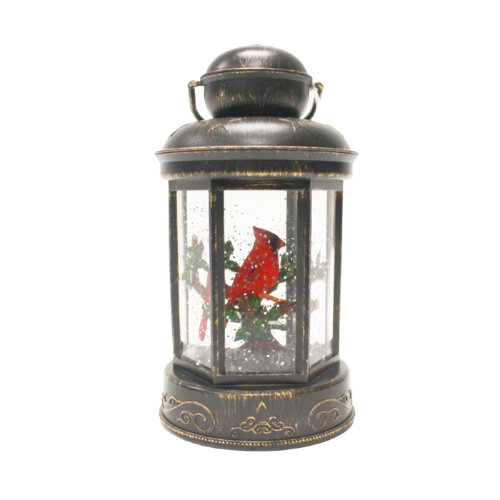 LED Black Water/Glitter Spinning Lantern with Cardinal - Timer