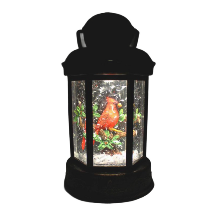 LED Black Water/Glitter Spinning Lantern with Cardinal - Timer