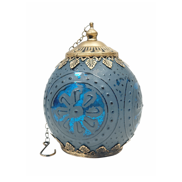 Small Round Blue LED Glass Lantern with Timer