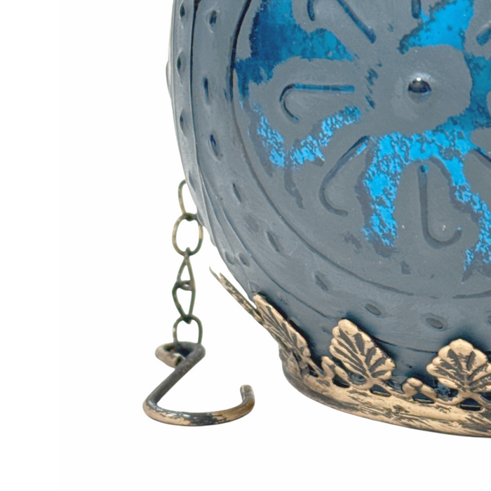 Small Round Blue LED Glass Lantern with Timer