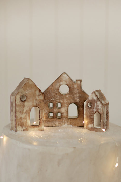 Woodland Village Carved Houses with White Wash - Set of 3