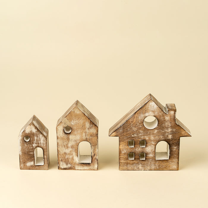 Woodland Village Carved Houses with White Wash - Set of 3