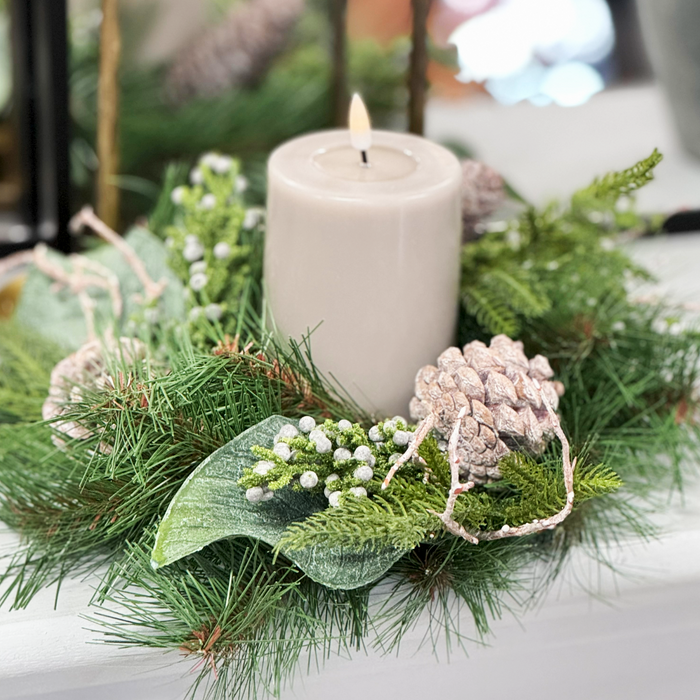 Candle Ring-Mixed Pine and Magnolia With Pine Cones And Twigs