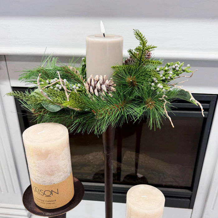 Candle Ring-Mixed Pine and Magnolia With Pine Cones And Twigs