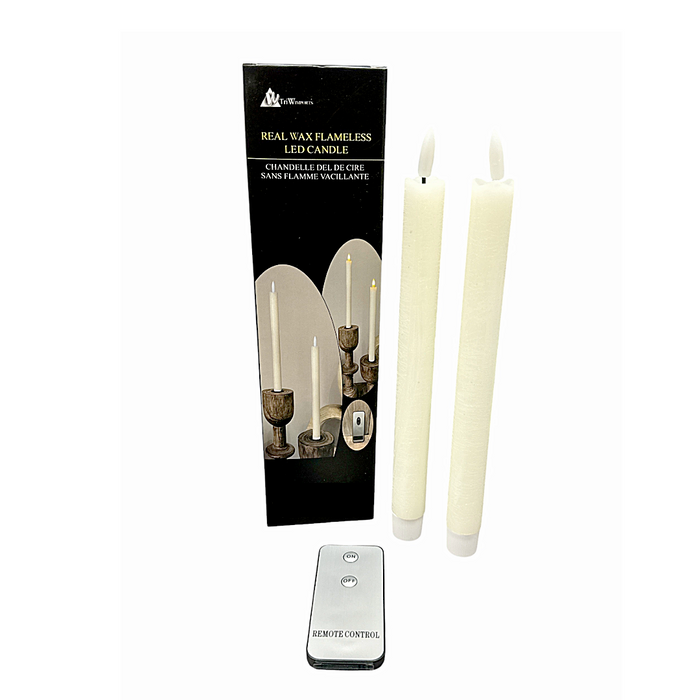 2 PK - 9 Inch LED Ivory 3D Flame Tapers With Timer and Remote