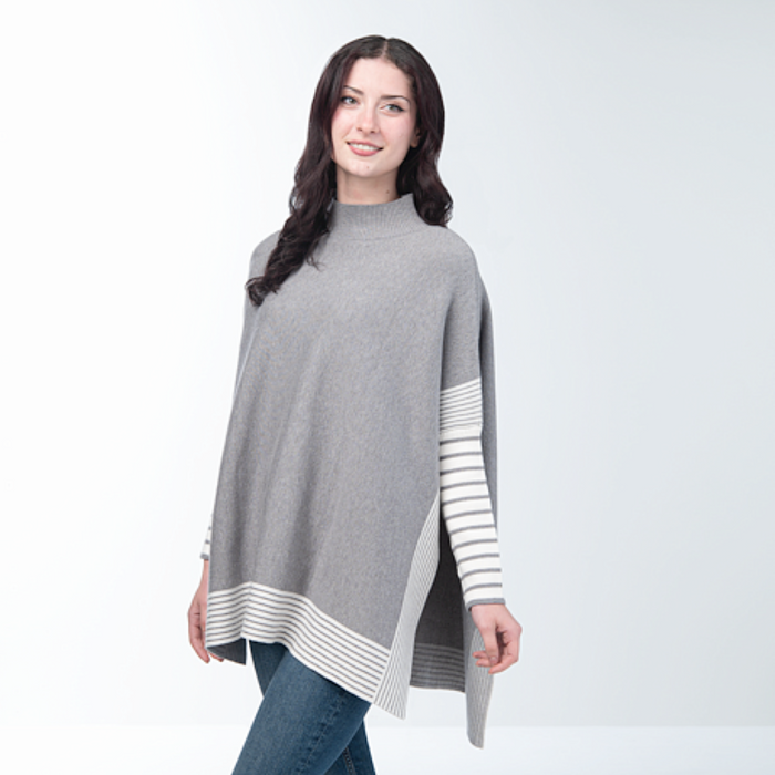 Striped Poncho Top - Grey/White