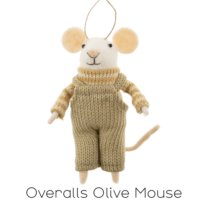 Felt Mouse Ornament - Overalls Olive Mouse
