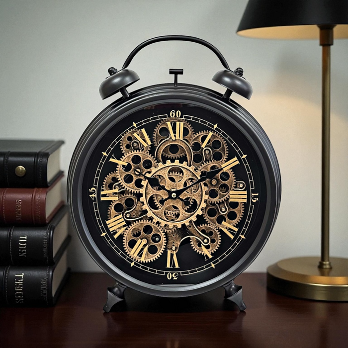 Black Moving Gears Table Clock