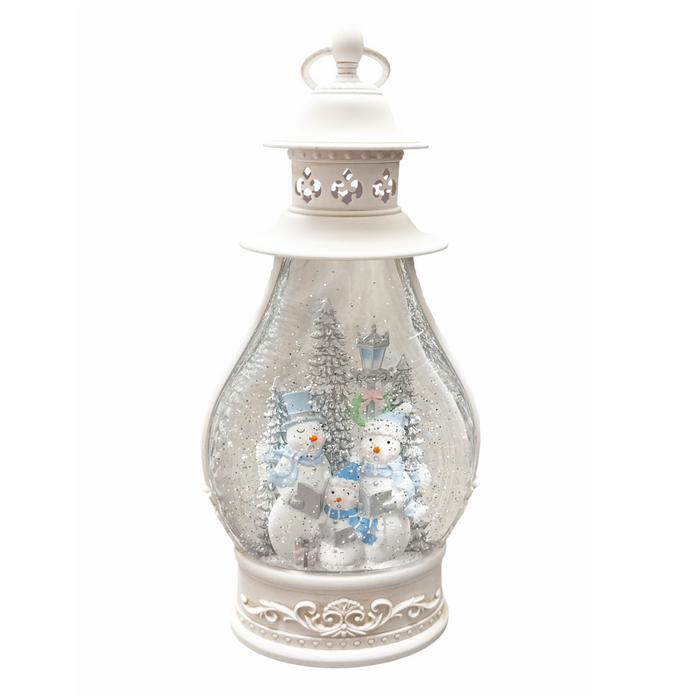 14" Musical LED White Lantern Snow Globe with Snowmen