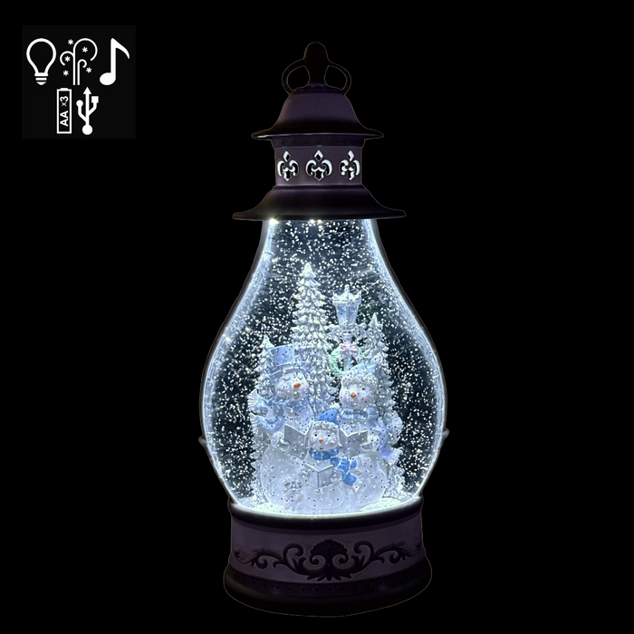 14" Musical LED White Lantern Snow Globe with Snowmen