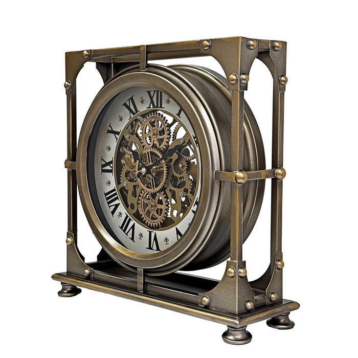 Victorian Square Moving Gear Table Clock - Bronze