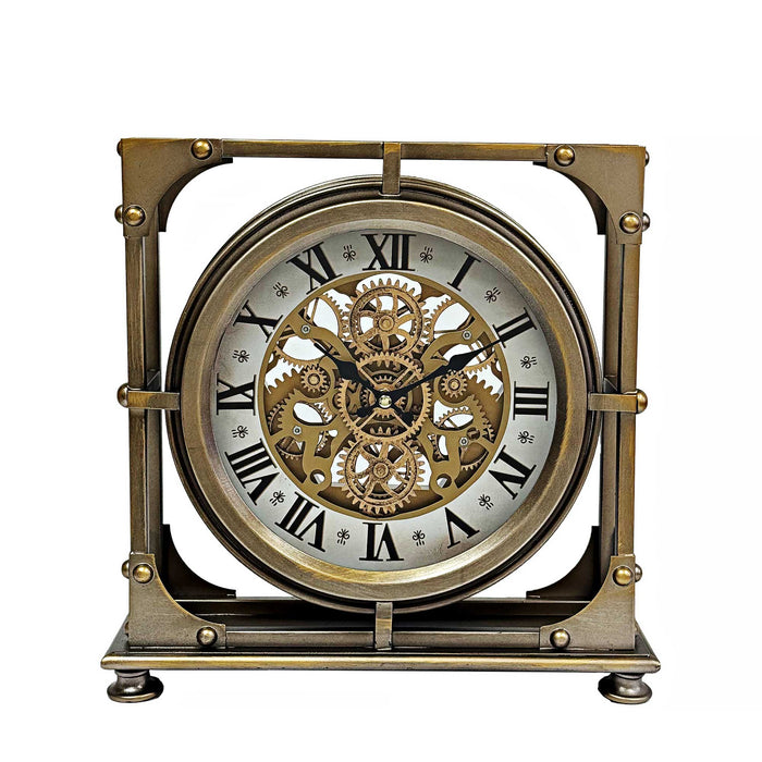 Victorian Square Moving Gear Table Clock - Bronze