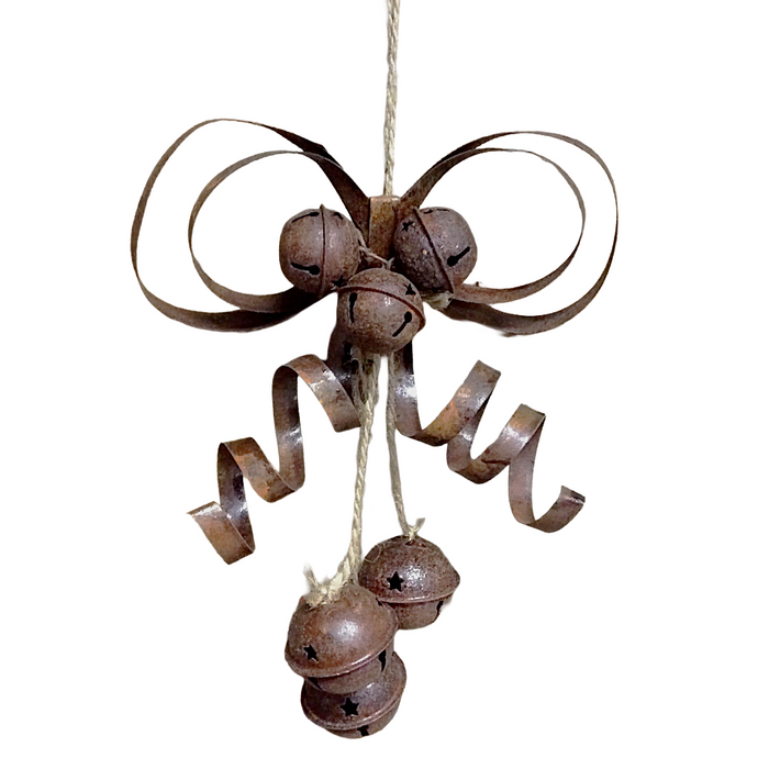 7" Long Rustic Jingle Bells & Bow Metal Decoration