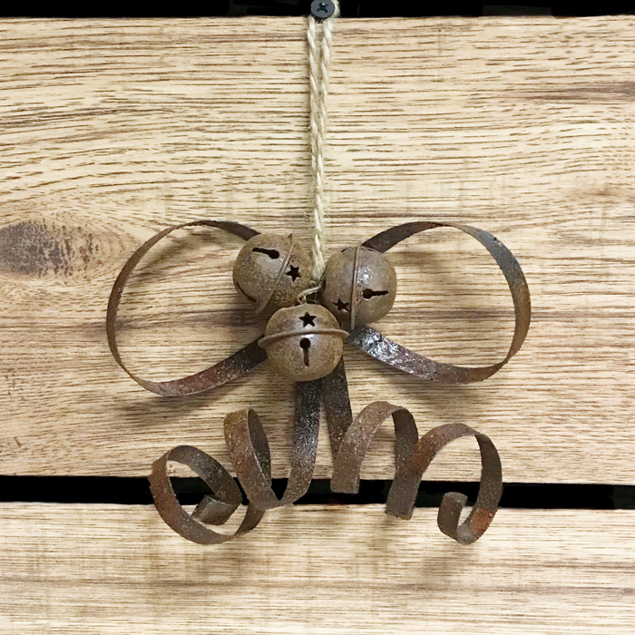 6" Long Rustic Jingle Bells & Bow Metal Decoration