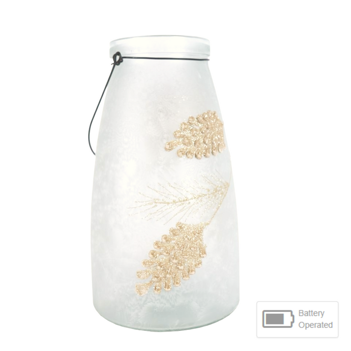 10.2"H Lighted Frosted Glass Holiday Pinecone Design Lantern