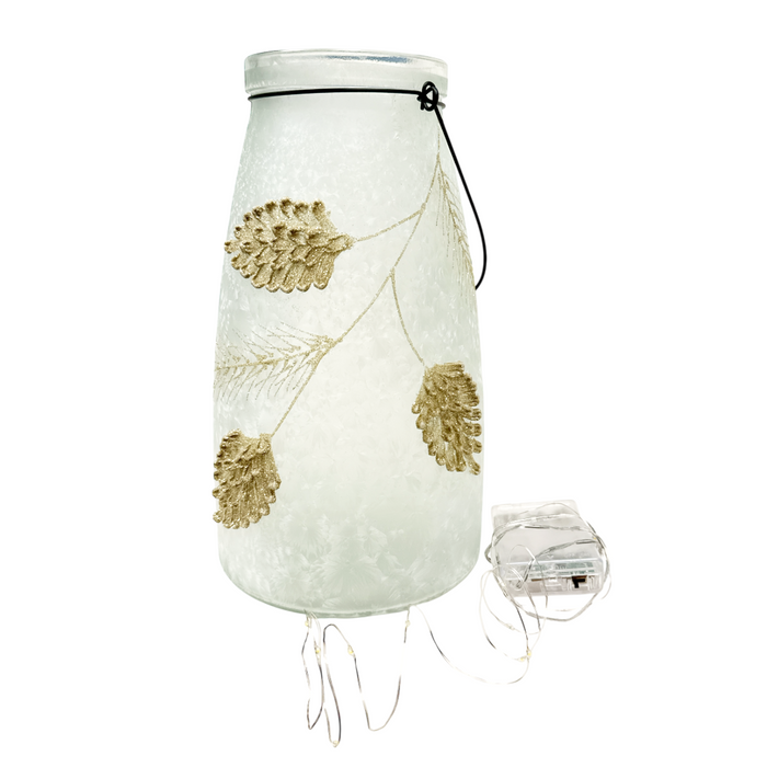 10.2"H Lighted Frosted Glass Holiday Pinecone Design Lantern