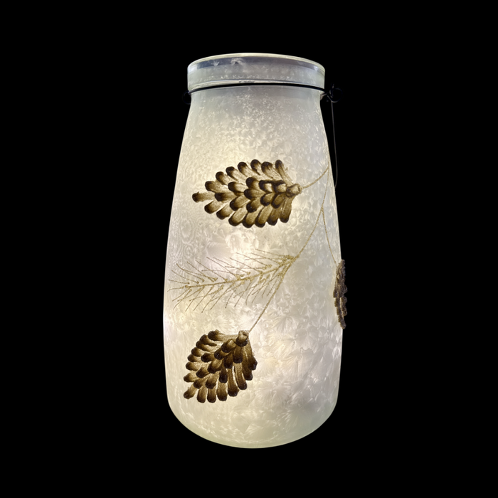 10.2"H Lighted Frosted Glass Holiday Pinecone Design Lantern