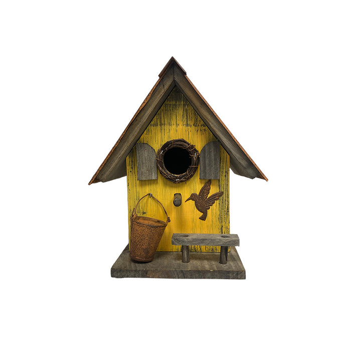 8" Rustic Birdhouse - Yellow with pail