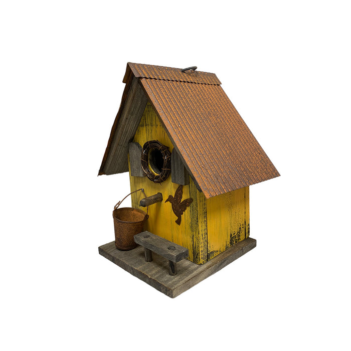 8" Rustic Birdhouse - Yellow with pail