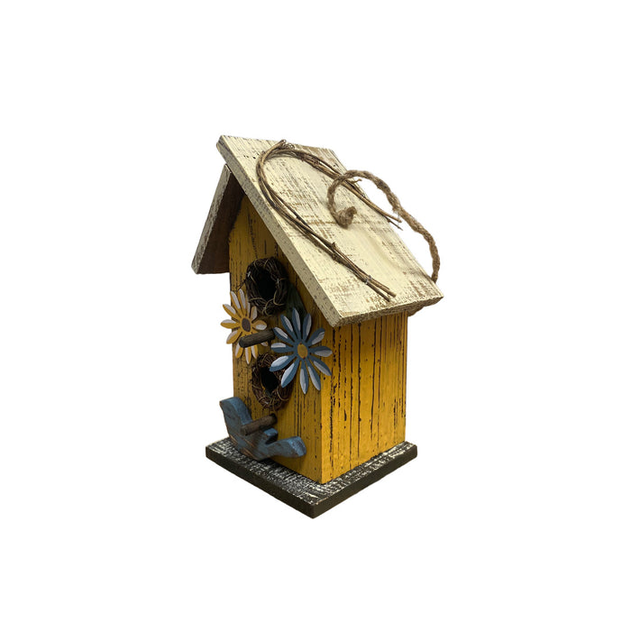 10" Rustic Yellow Birdhouse - Bird & Flowers