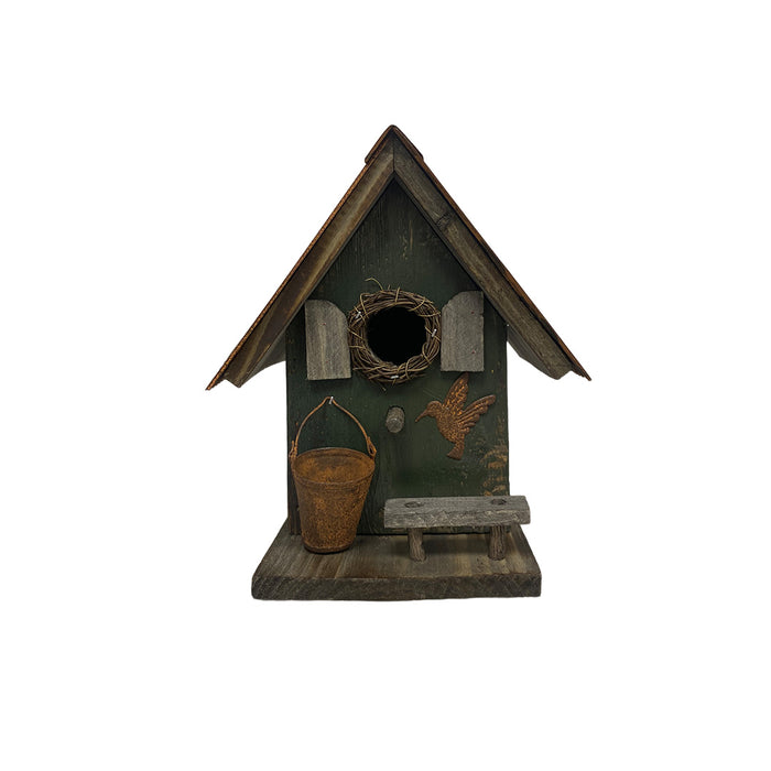 8" Rustic Birdhouse - Green with pail