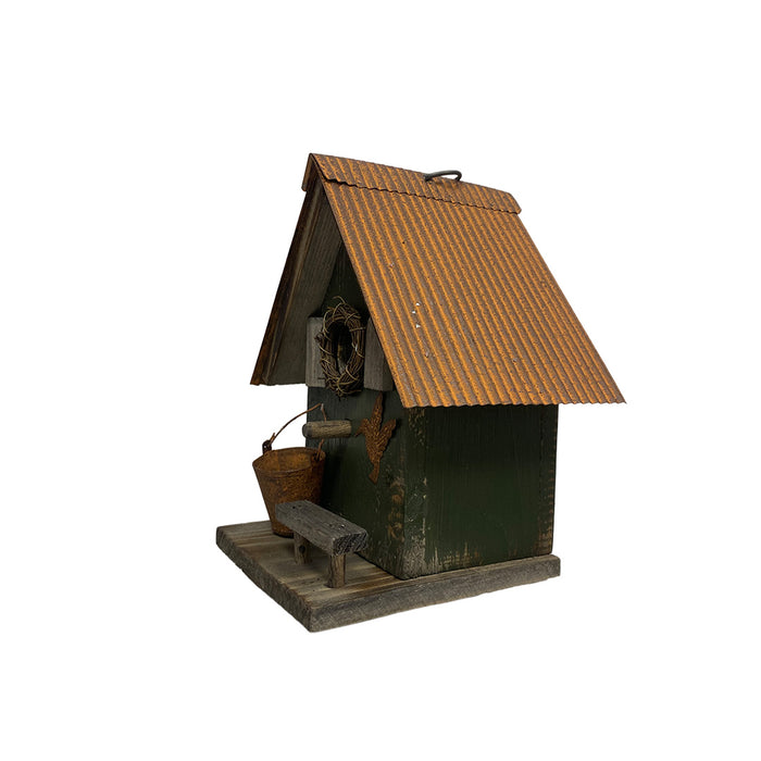 8" Rustic Birdhouse - Green with pail