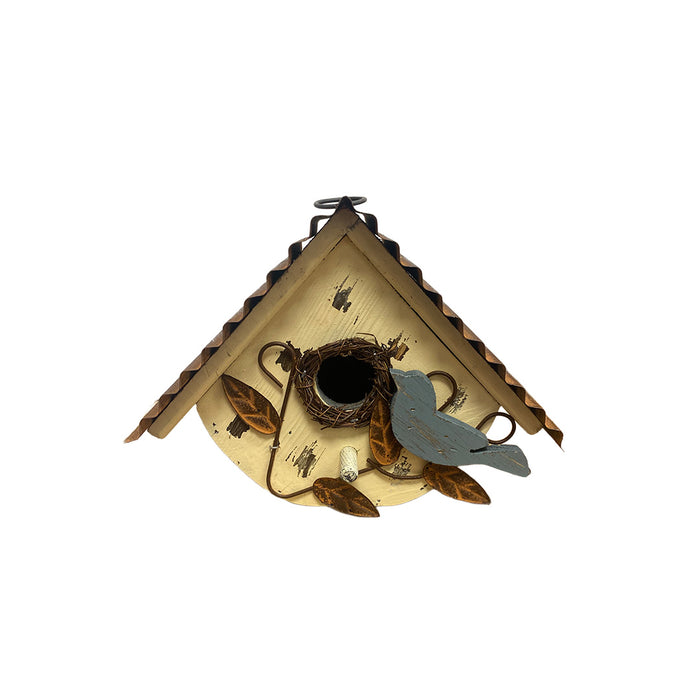 7" Rustic Birdhouse - Cream with Bird