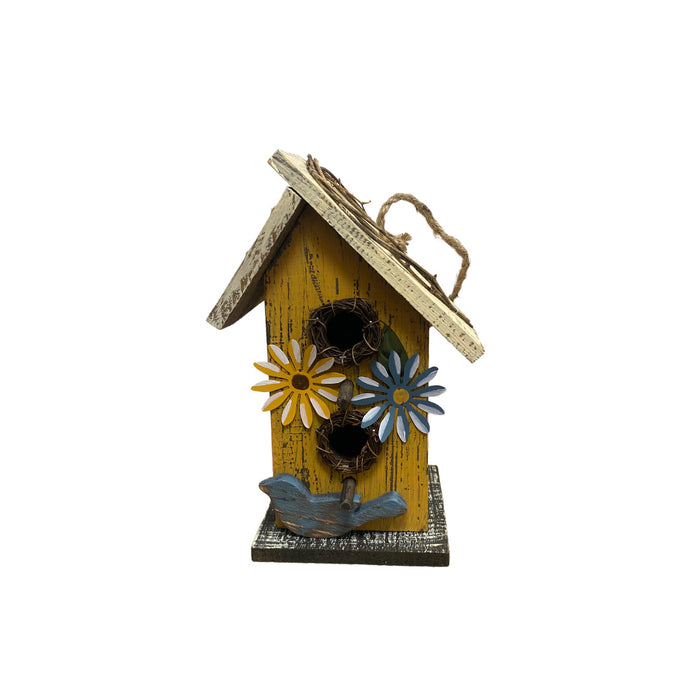 10" Rustic Yellow Birdhouse - Bird & Flowers