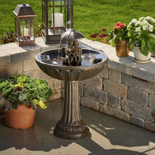Birdbath - Umbrella Solar Fountain - Boy/Girl on Bench - Berry Hill - Country Living Products