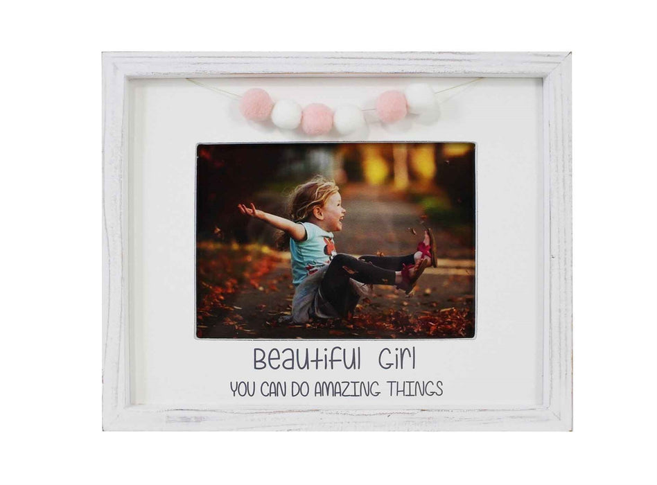 Rustic Frame with Pom Poms - "Beautiful Girl" 7x 5 - Berry Hill - Country Living Products